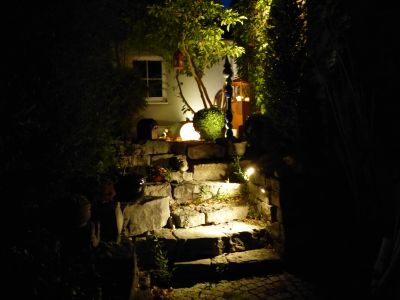 Beleuchteter Außenbereich mit Steintreppe und Bepflanzung